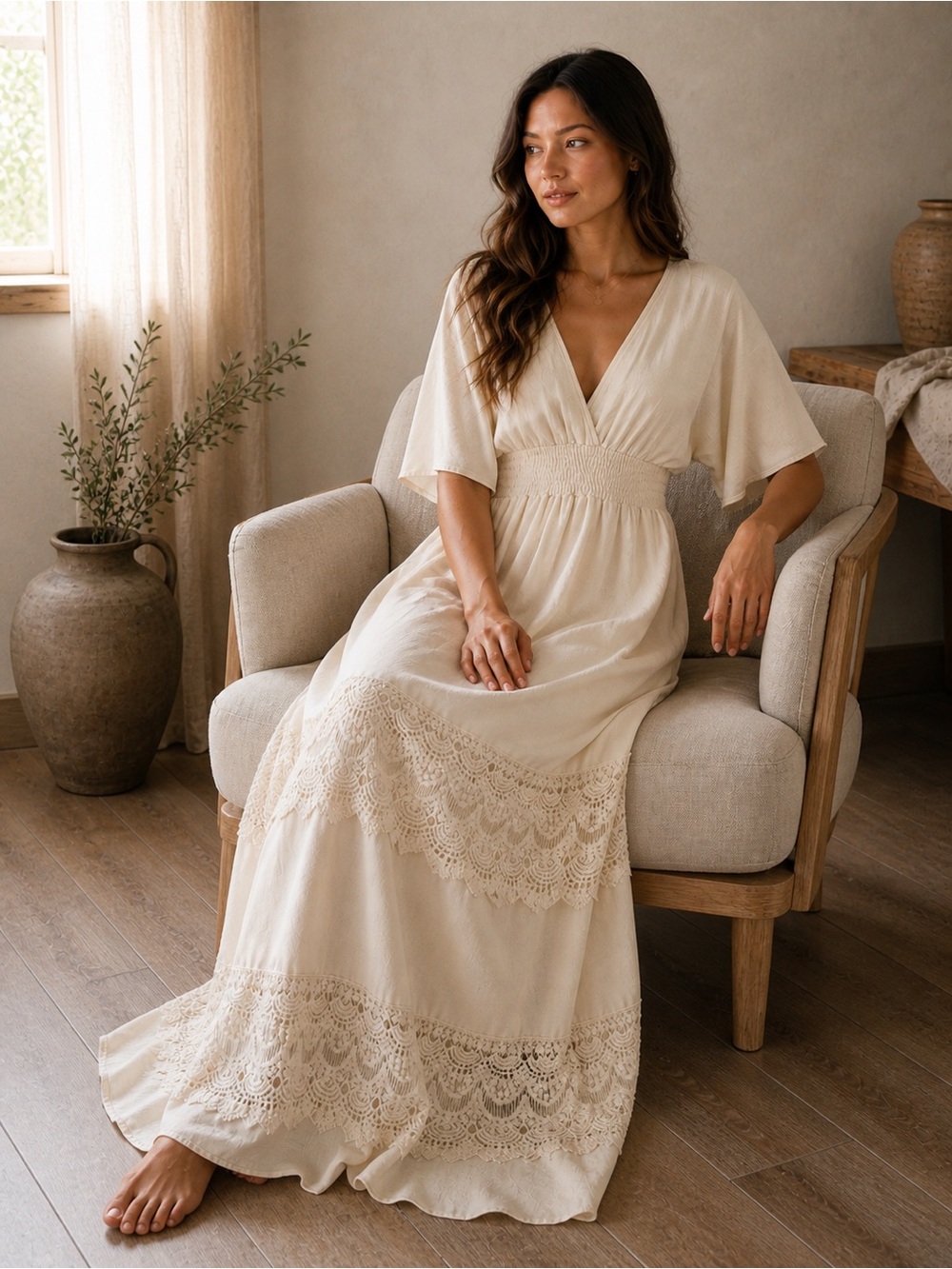 Baltic Born Lace-Panel Maxi Dress in Cream